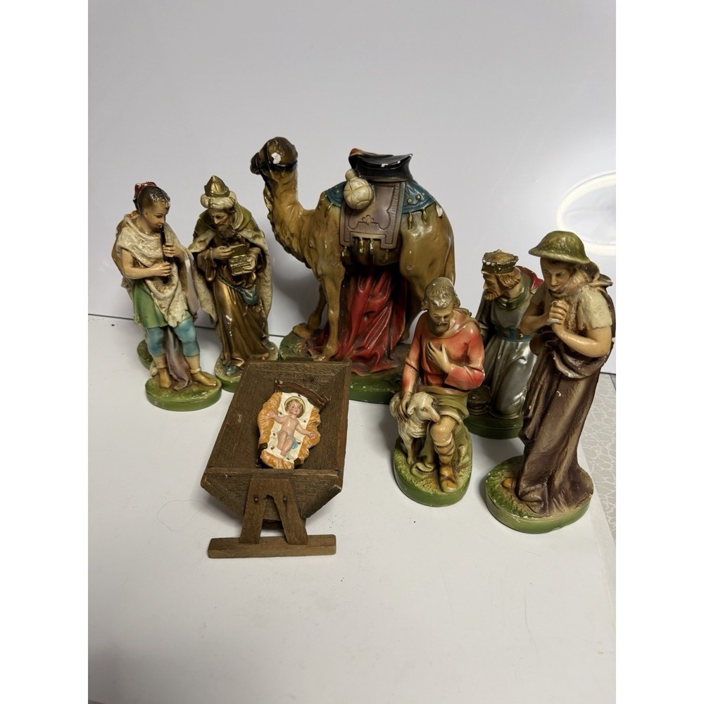 Vintage Nativity Set Hand Painted Chalkware Composition Camel Shepherds Jesus